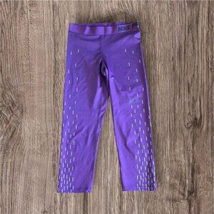 Nike Pro Leggings Womens M Purple Linear Rain Print Reflective Crop Stretch